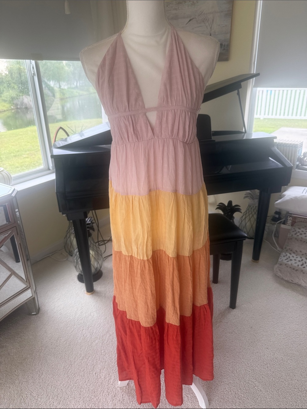 Cupshe Sunset glow teired color block gauze maxi halter dress beach womens